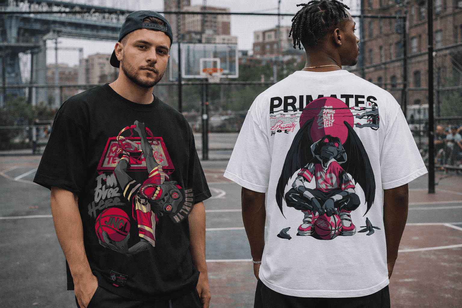 Two men in Primates tees on a Brooklyn basketball court
